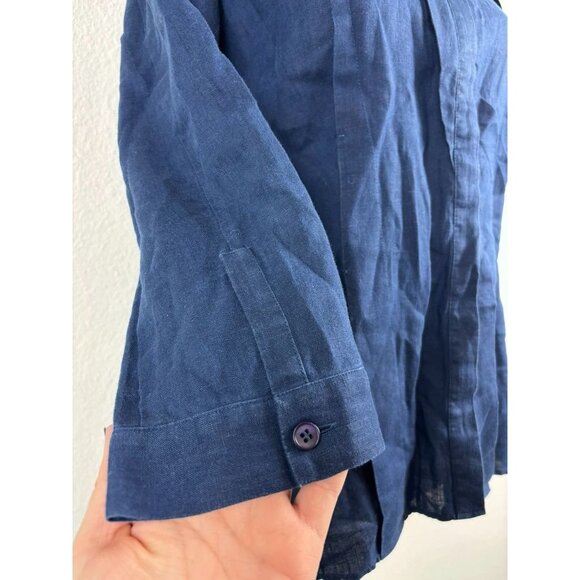 Lafayette 148 women's 6 navy blue linen pleated collared button down 3/4 sleeve - Picture 5 of 9